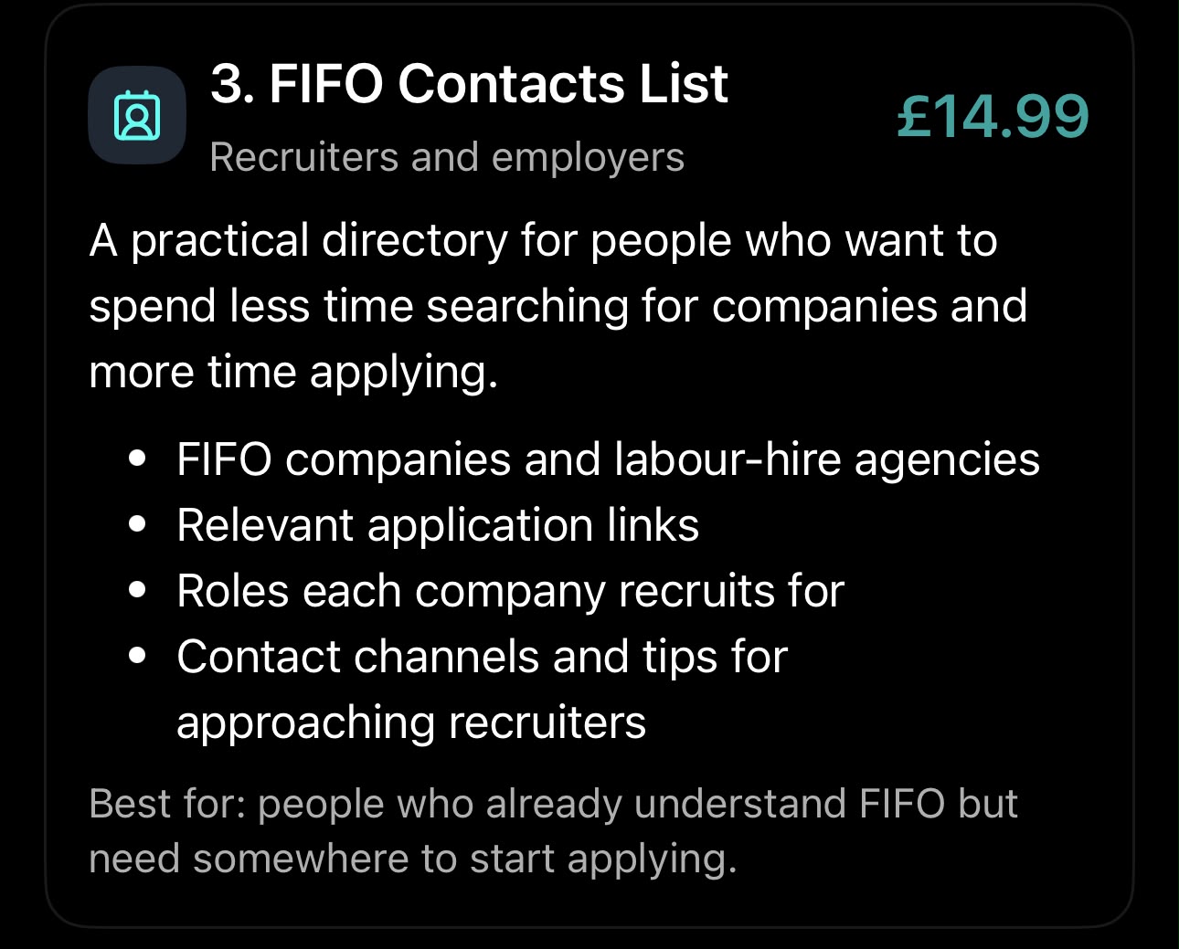 Package 3: FIFO Contacts List — recruiters and employers, now £14.99, reduced from £25.00
