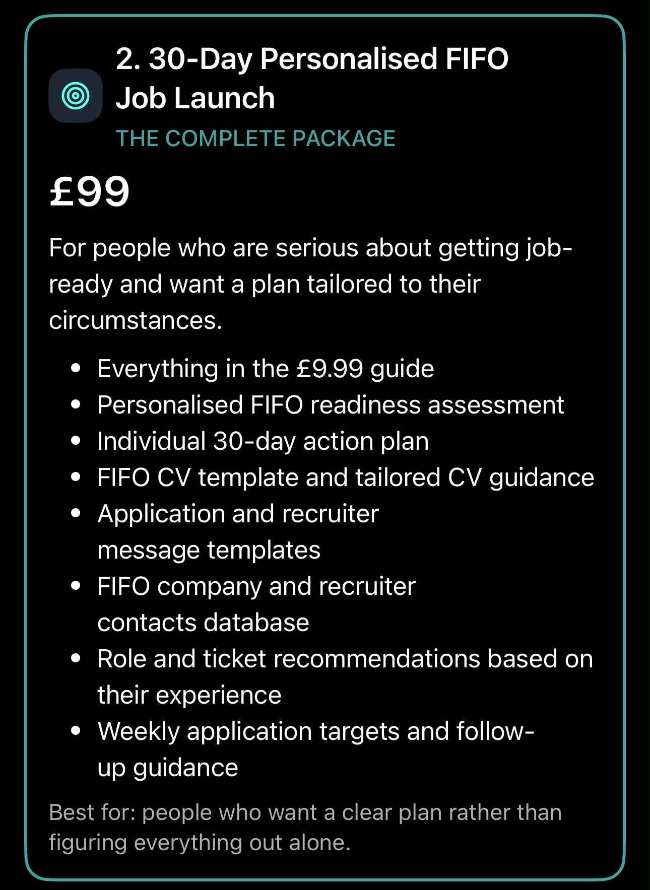 Package 2: 30-Day Personalised FIFO Job Launch — the complete package, now £99.99, reduced from £150.00